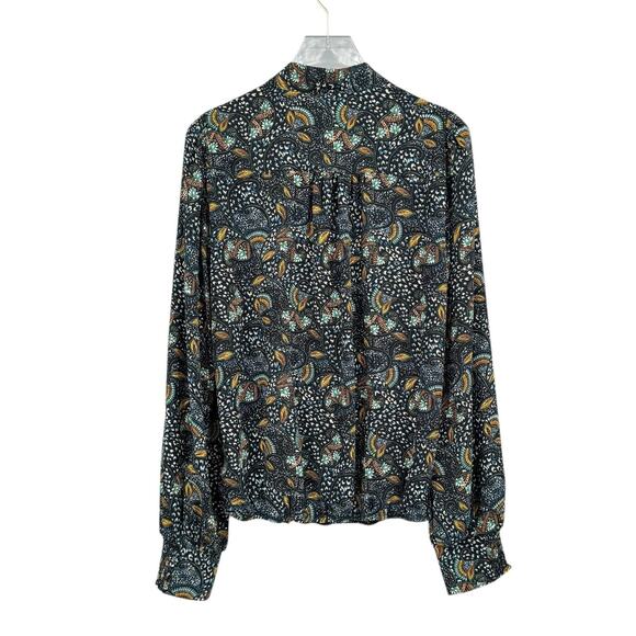 Evereve Charlie Neck Tie Teal Multicolor Printed Long Sleeve Chiffon Blouse - Picture 9 of 12